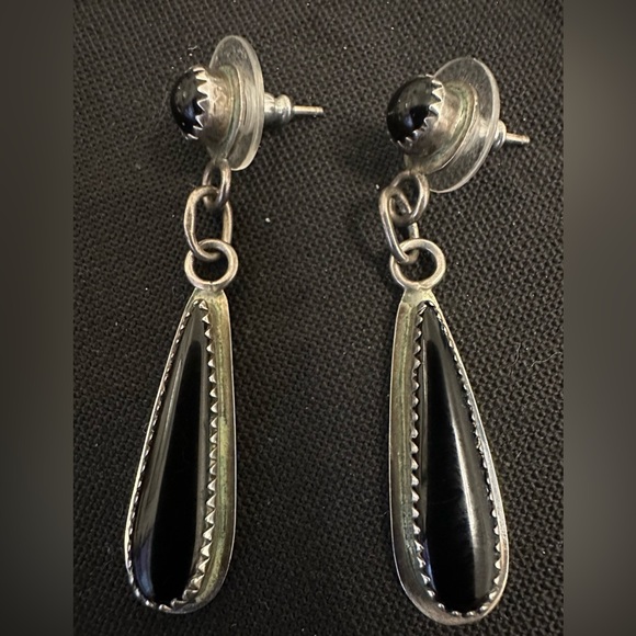 Vintage Sterling Black Onyx Tear Drop Earrings - Picture 2 of 5